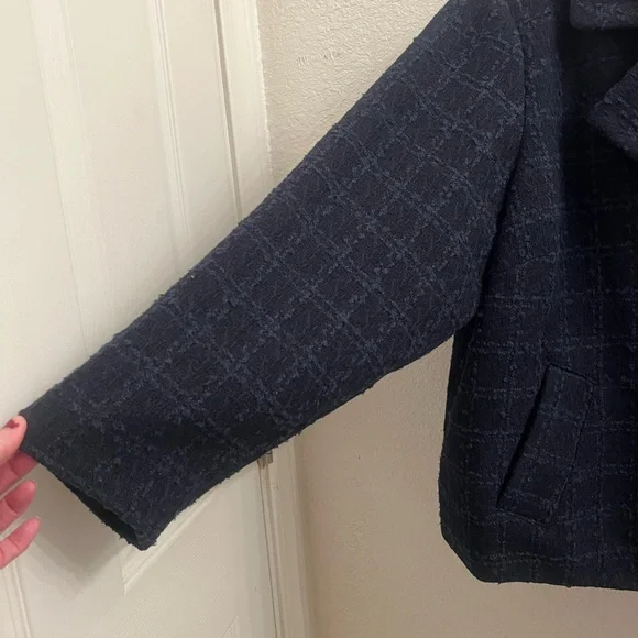 NWT Lauren Conrad tweed dble breasted jacket navy blue w/lghtr blue threading 2x - Picture 6 of 8